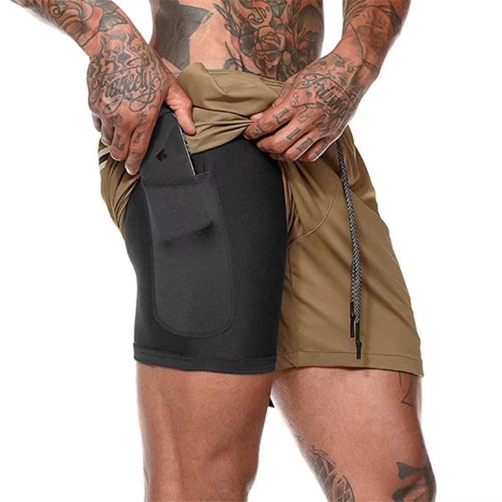 Men 2 in 1 Running Shorts Jogging Gym Fitness Training Quick Dry Beach Short Pants Male Summer Sports Workout Bottoms Clothing